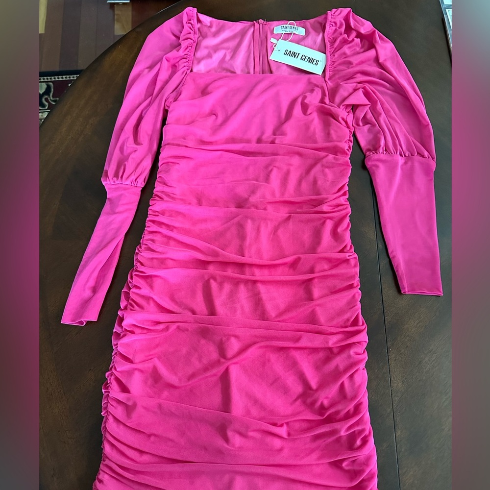 NWT Saint Genies Pink Long Sleeved Ruched Dress Size US8 UK12